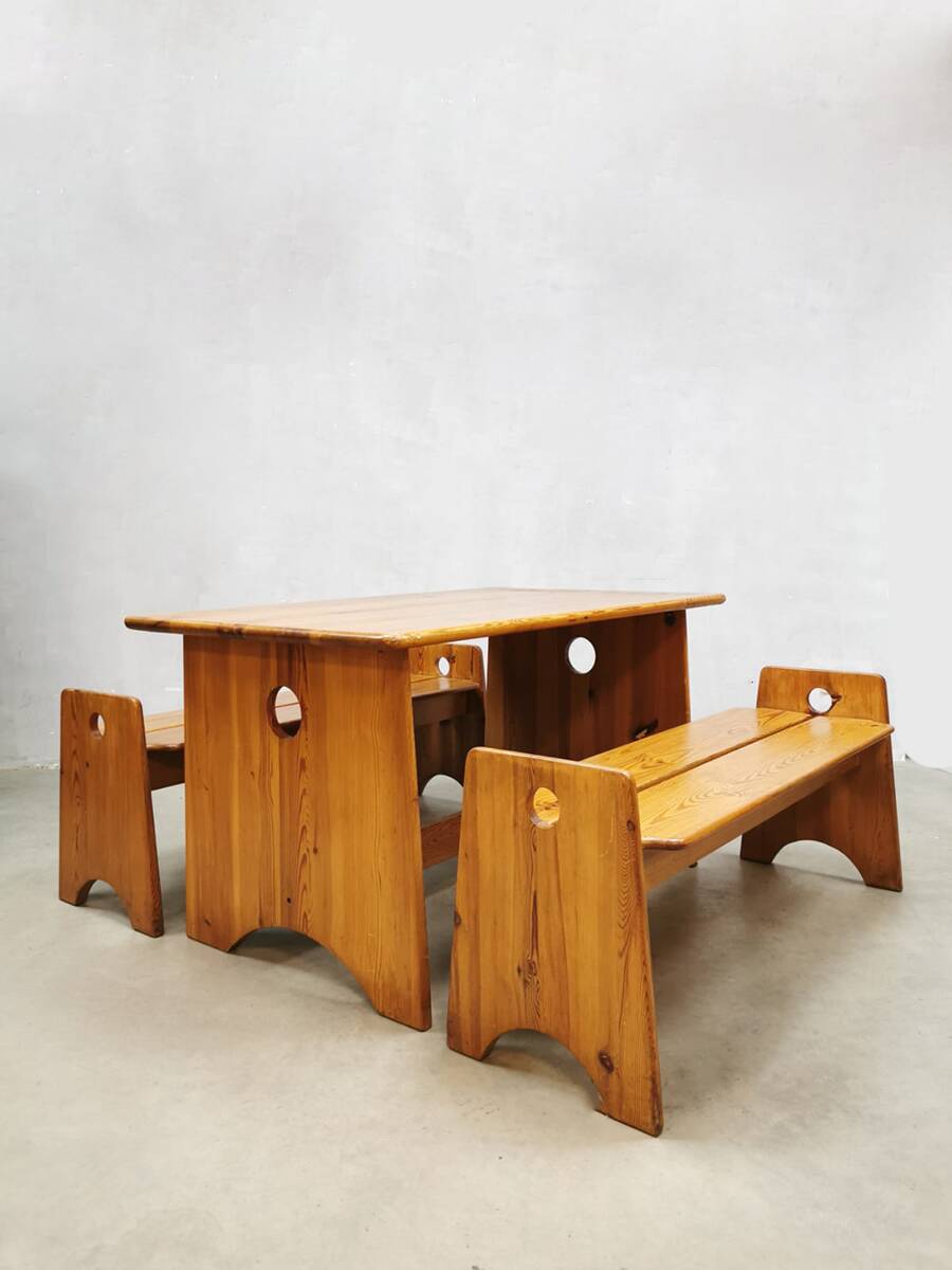 Midcentury Swedish pine wood benches dining set