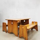 Midcentury Swedish pine wood benches dining set