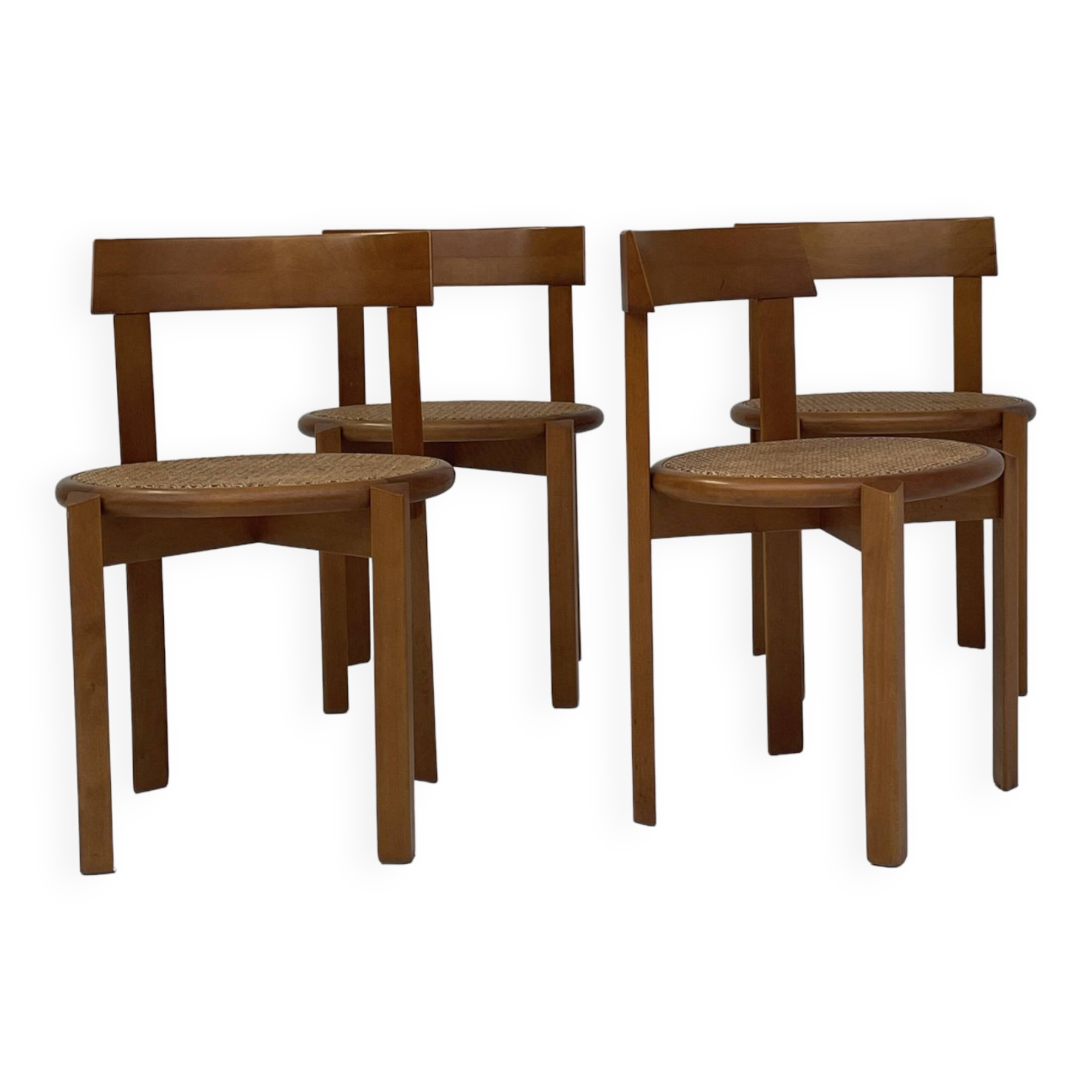 4 Italian wooden dining chairs with rattan seating