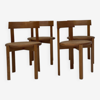 4 Italian wooden dining chairs with rattan seating