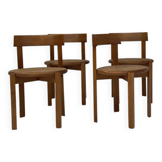 4 chaises de salle à manger italiennes en bois avec sièges en rotin