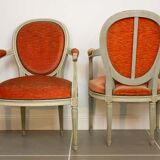 Pair of Louis XVI style medallion armchairs in orange velvet - circa 1950