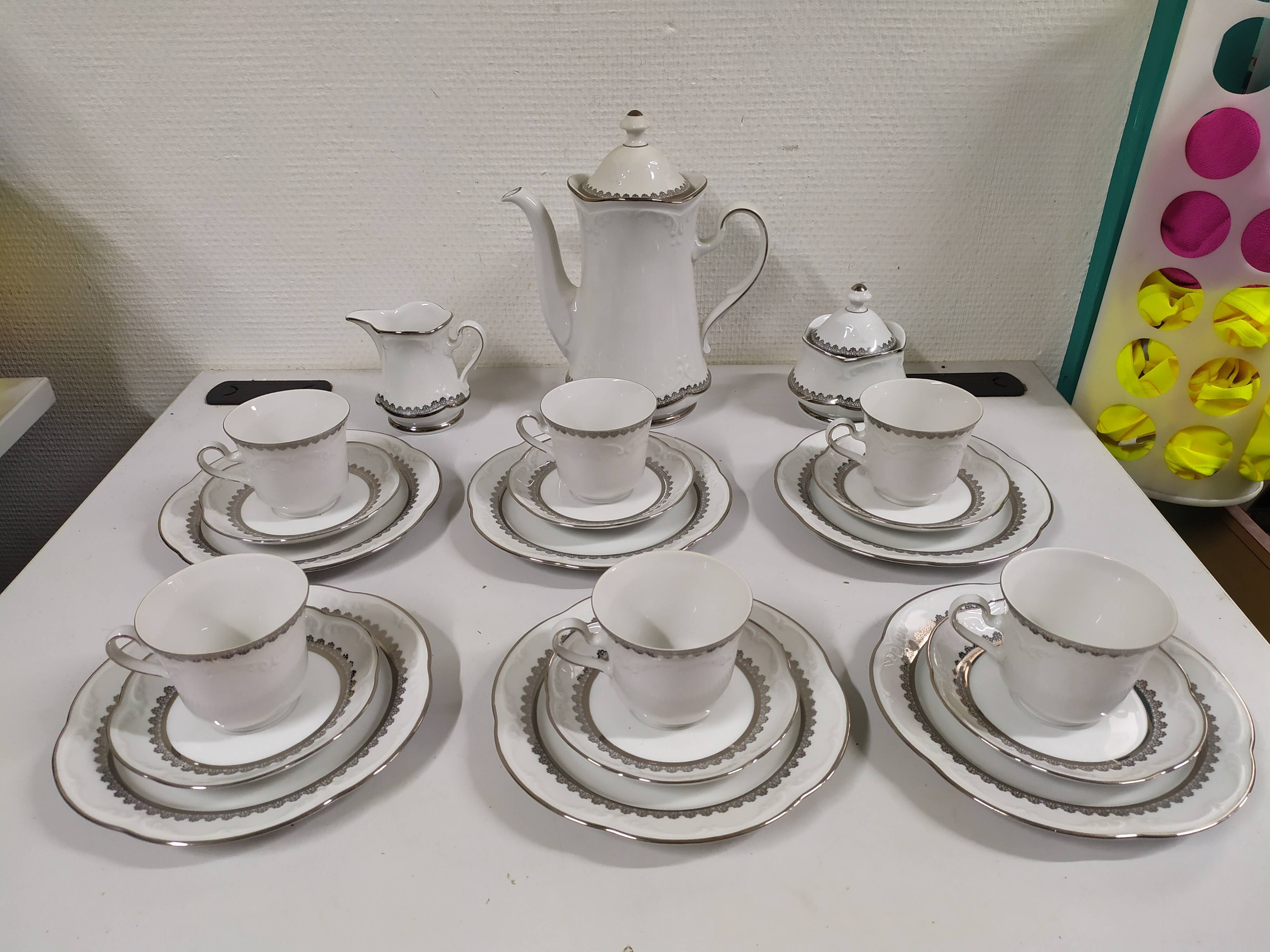 Coffee service for 6 people bavaria white and silver cup plate coffee maker milk pot sugar