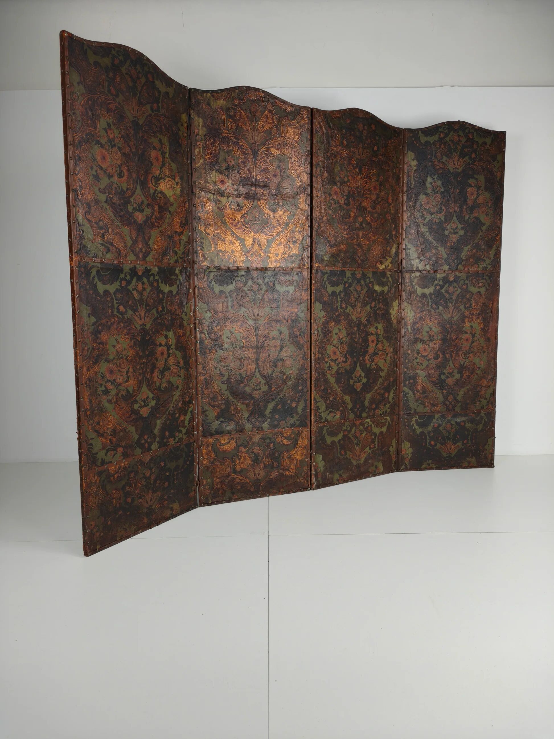 Late 18th-century Belgian embossed leather folding screen – after Daniel Marot