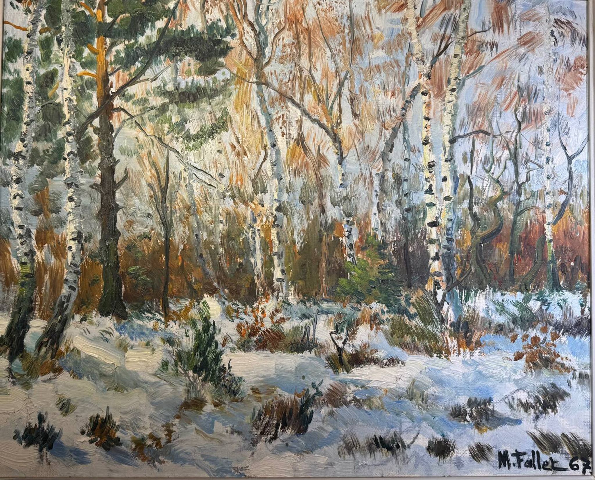 Antique painting, landscape under the snow, signed Fallet 1967
