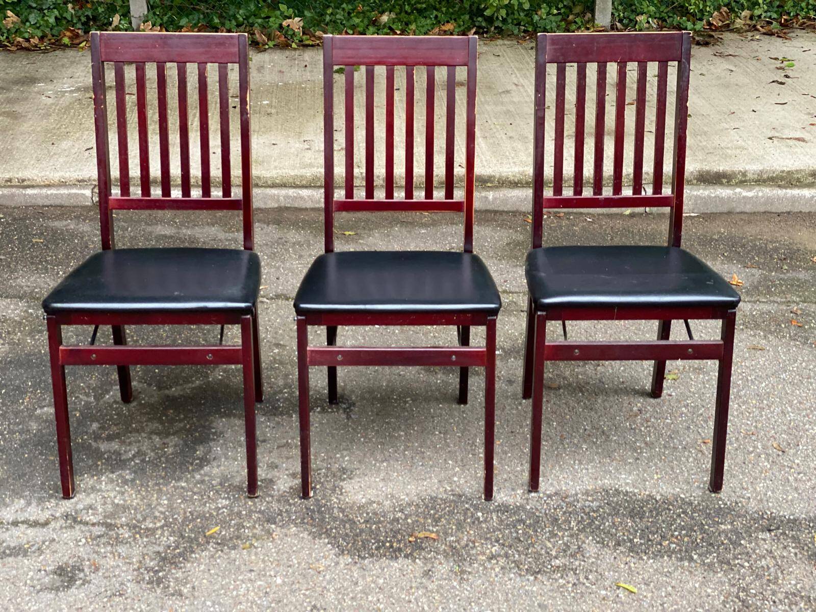 3 Scandinavian design chairs from the 1970s, solid wood, burgundy and black leather