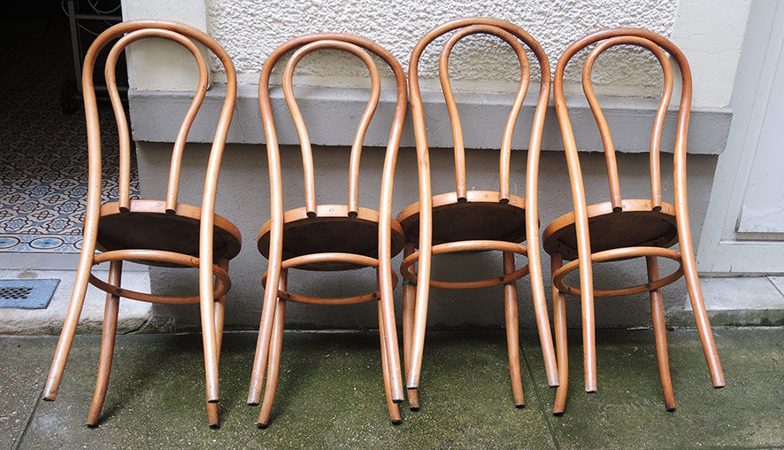 4 old fischel bentwood chairs and pyrograved pattern
