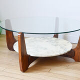 Table basse Hugues Poignant marbre, verre et teck années 60