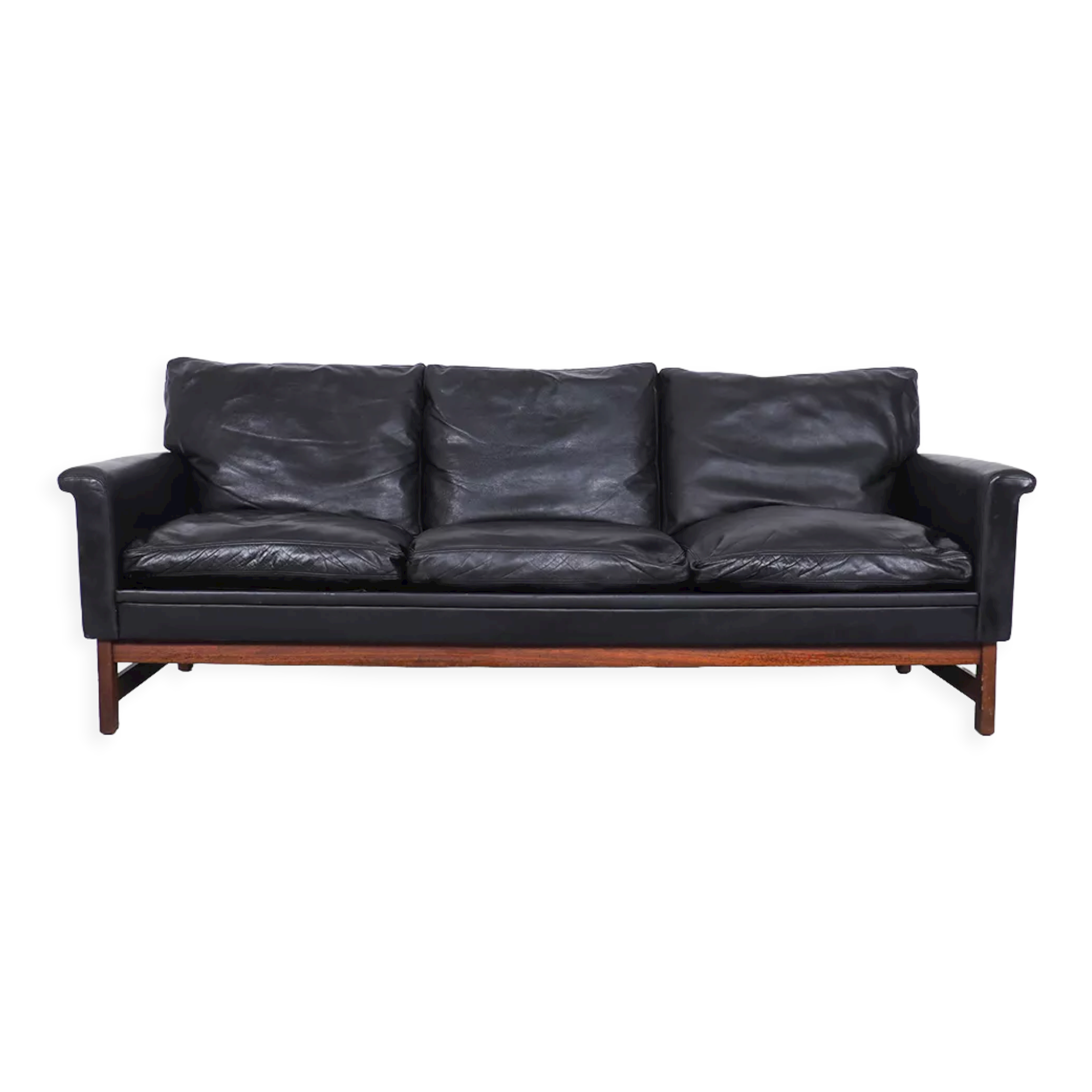 Danish design black leather and teak 3 seater sofa, 1960s