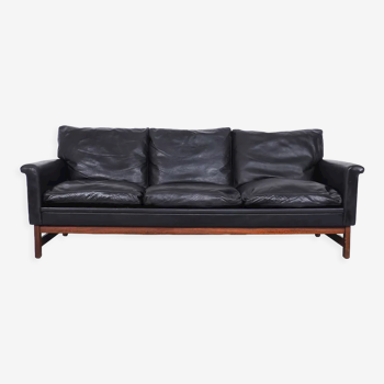 Danish design black leather and teak 3 seater sofa, 1960s
