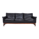 Danish design black leather and teak 3 seater sofa, 1960s