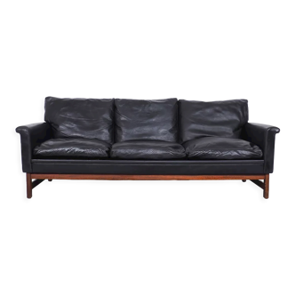 Danish design black leather and teak 3 seater sofa, 1960s