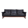 Danish design black leather and teak 3 seater sofa, 1960s