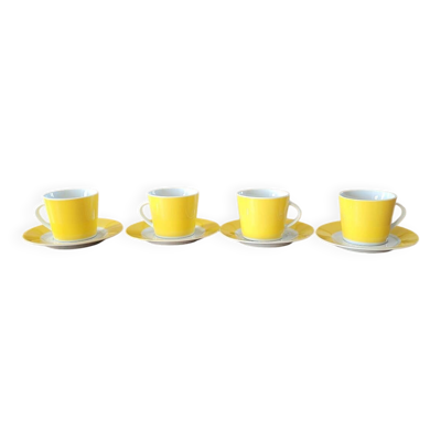4 tasses et sous-tasses jaunes et blanches