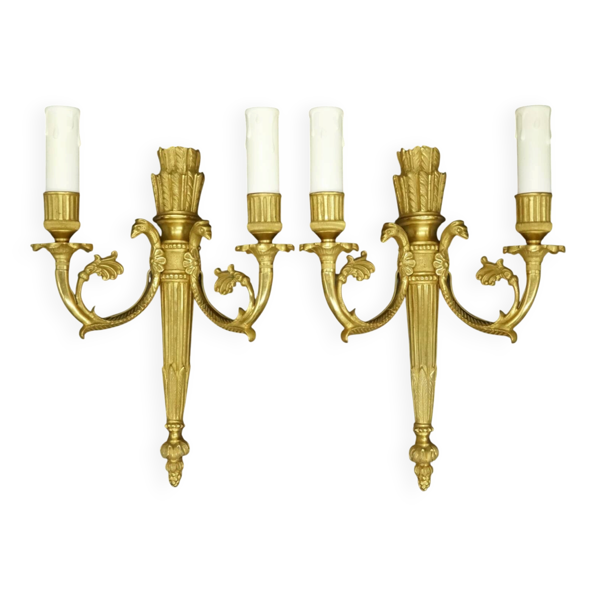 Pair of wall sconces, quiver and eagle heads, Louis XVI style - gilded bronze