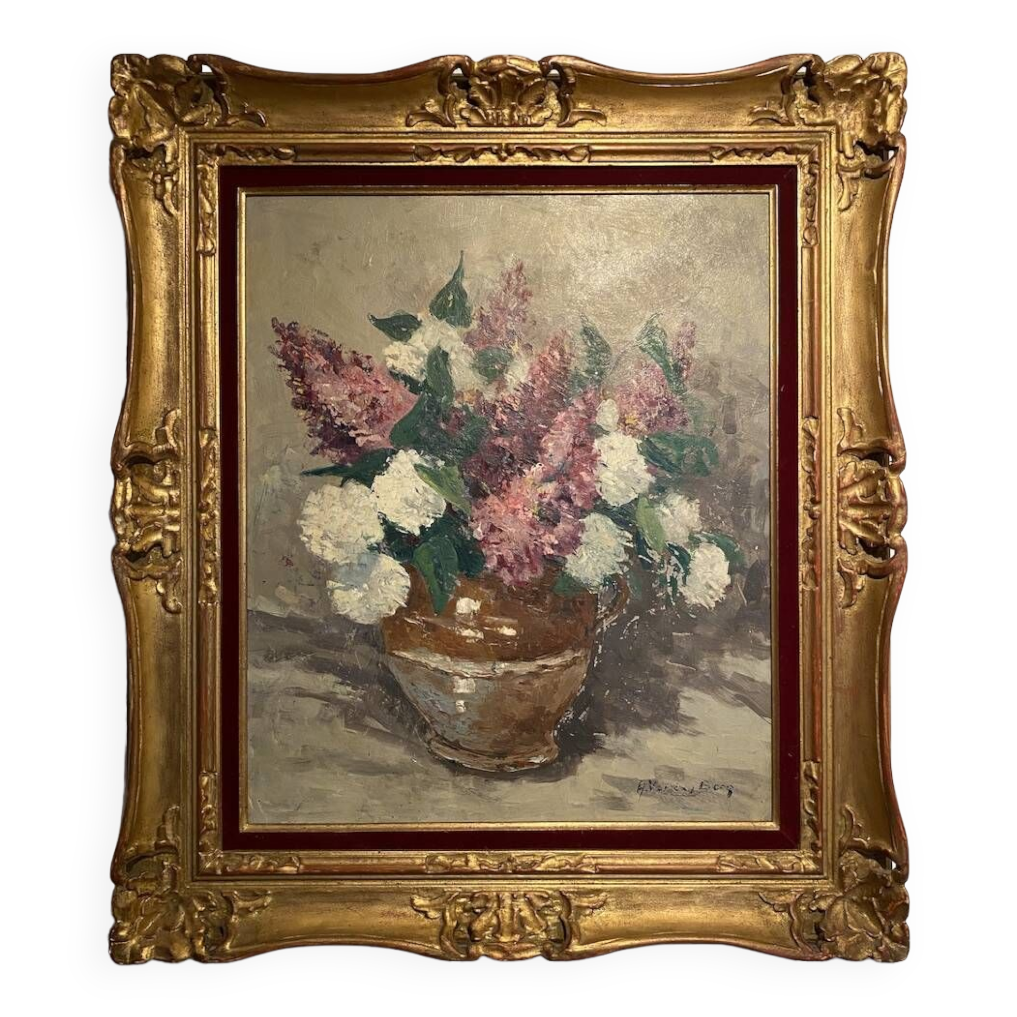 Antique painting, still life with lilacs and peonies signed Van der Berg circa 1950