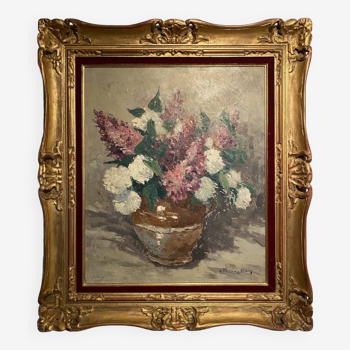 Old painting, still life with lilacs and peonies signed Van der Berg circa 1950