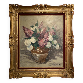 Antique painting, still life with lilacs and peonies signed Van der Berg circa 1950