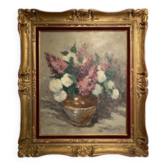 Old painting, still life with lilacs and peonies signed Van der Berg circa 1950