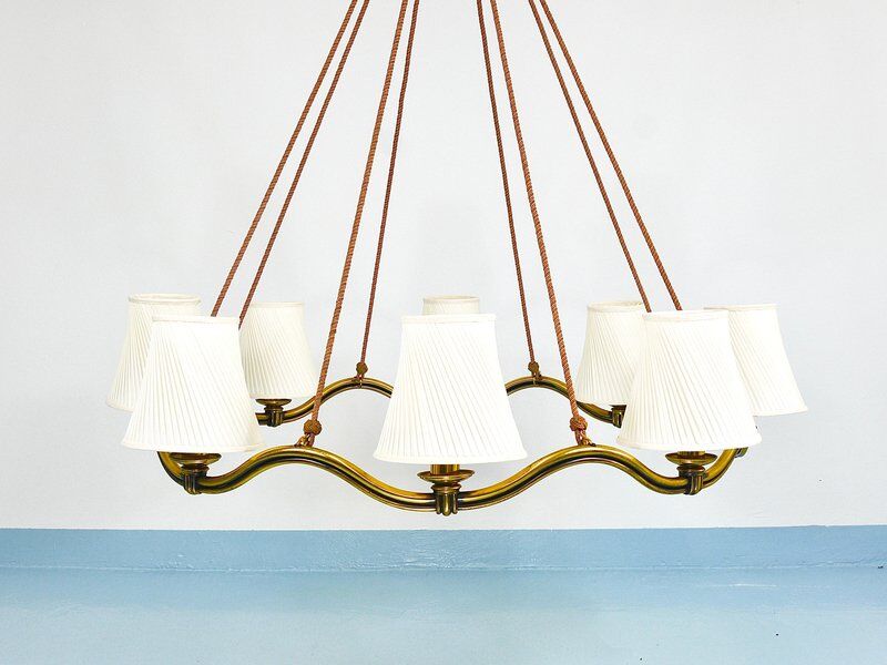 Large Viennese Modernism curved brass wave chandelier by Hugo Gorge, 1940s