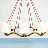 Large Viennese Modernism curved brass wave chandelier by Hugo Gorge, 1940s