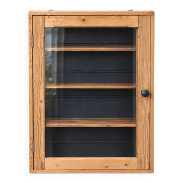 Antique wall display cabinet in natural wood and black – small glass-fronted collector's piece.