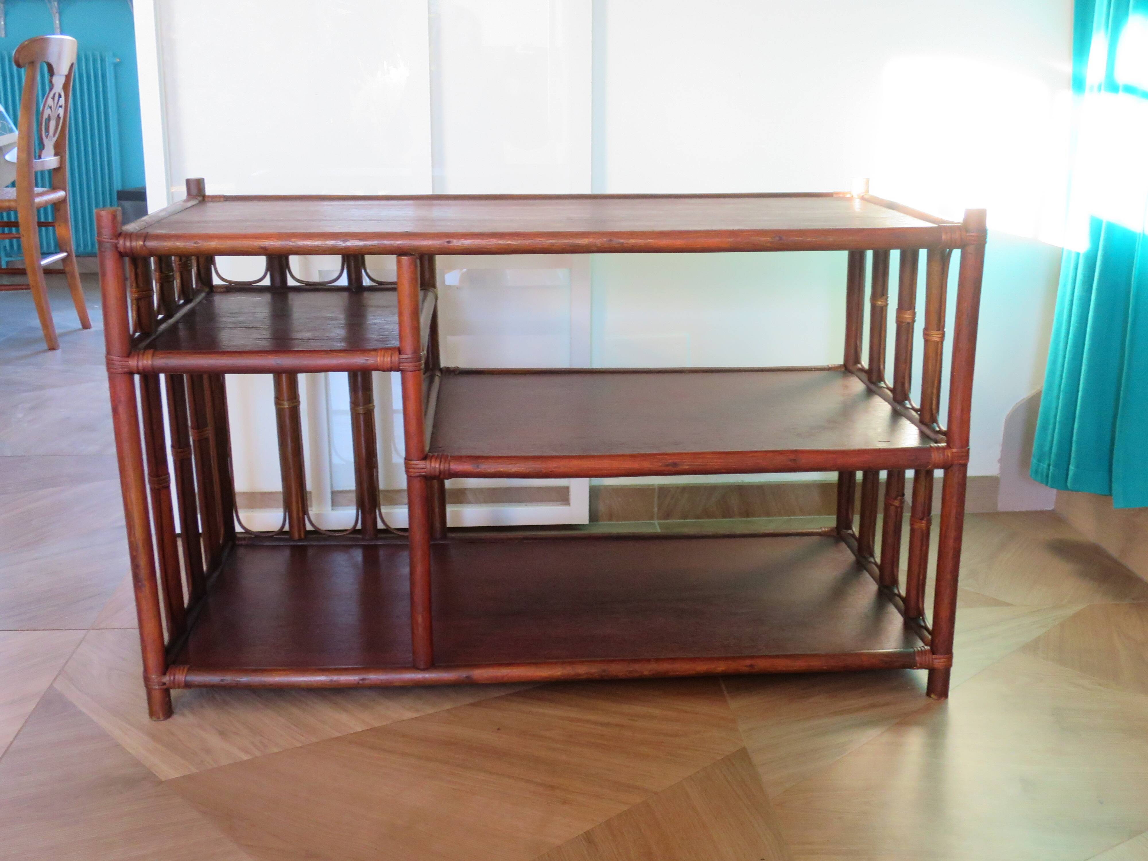 Retro side table - vinyl furniture - rattan and bamboo - 1980s