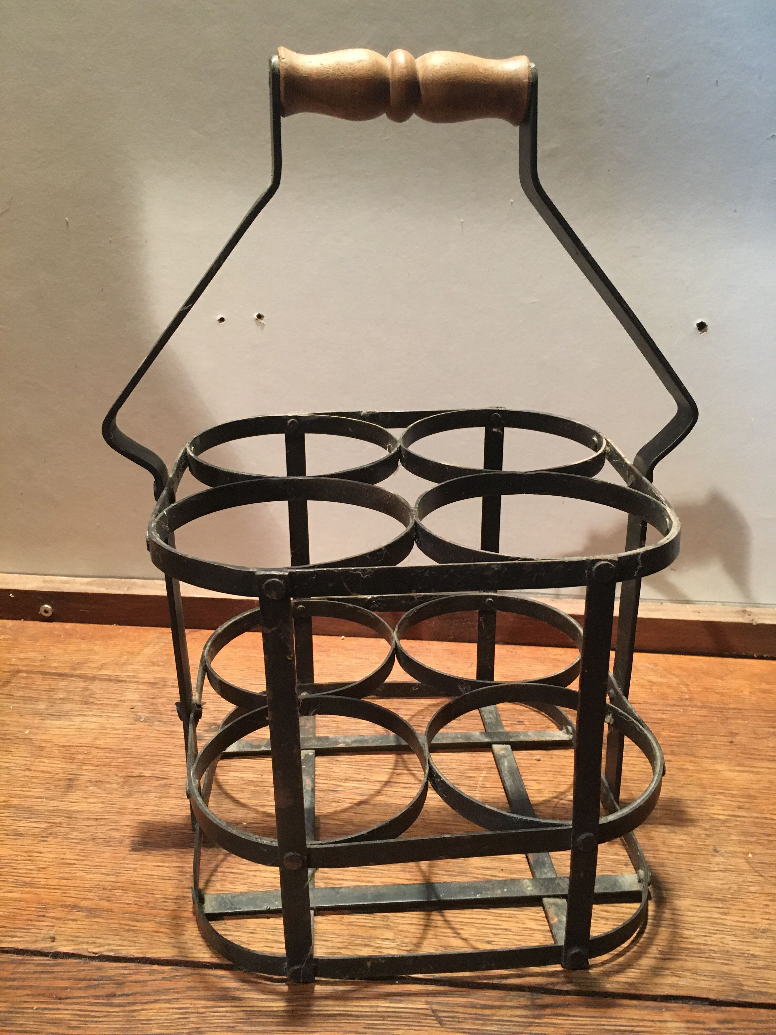 Metal bottle basket and wooden handle