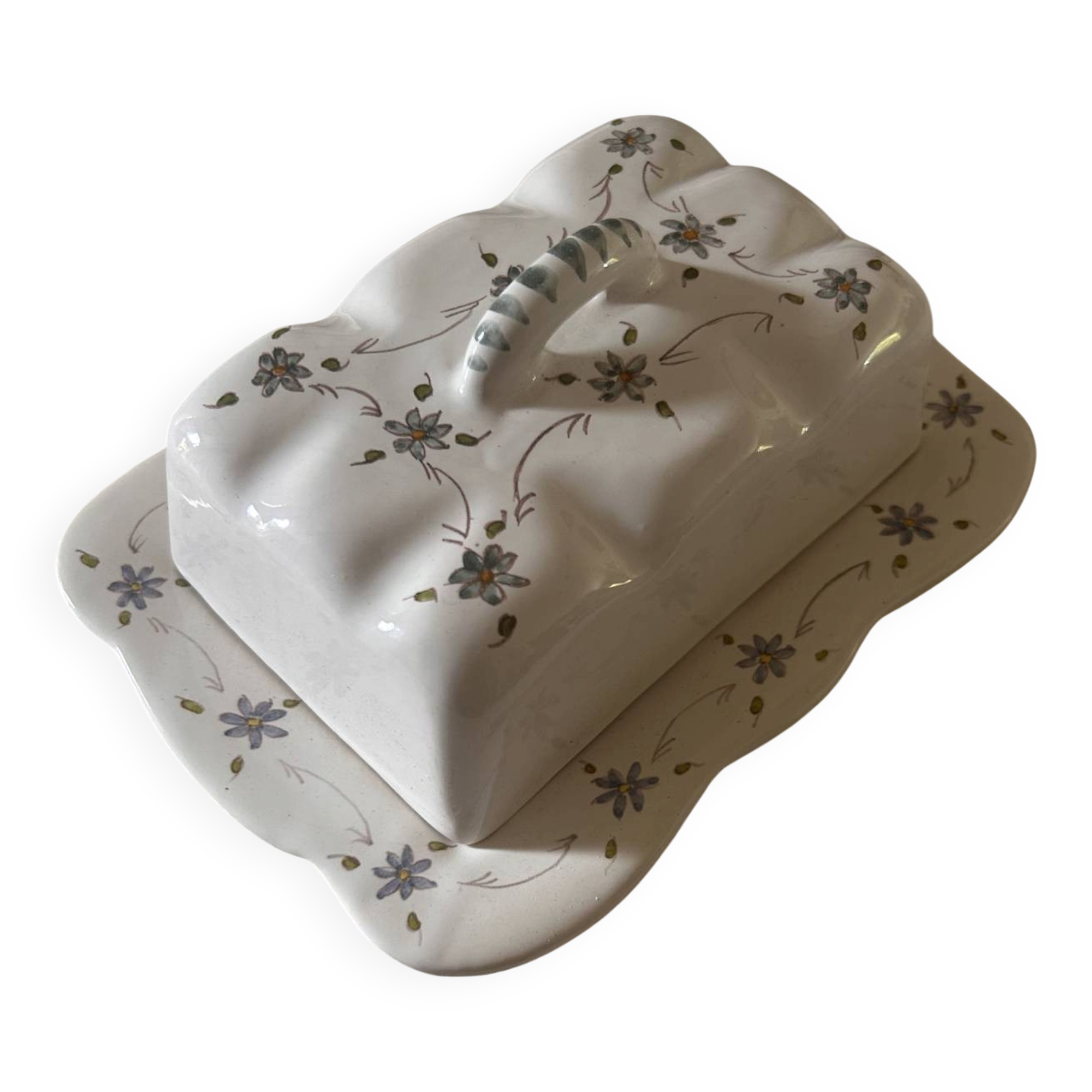 Handcrafted floral earthenware butter dish from the 1970s – Artisan production