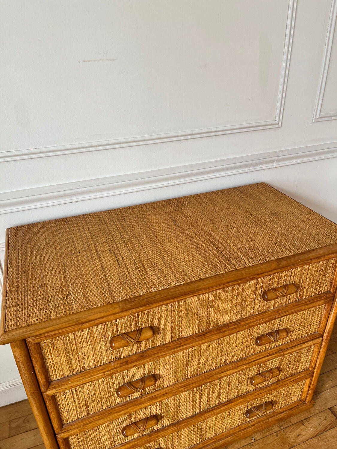 Vintage woven rattan chest of drawers