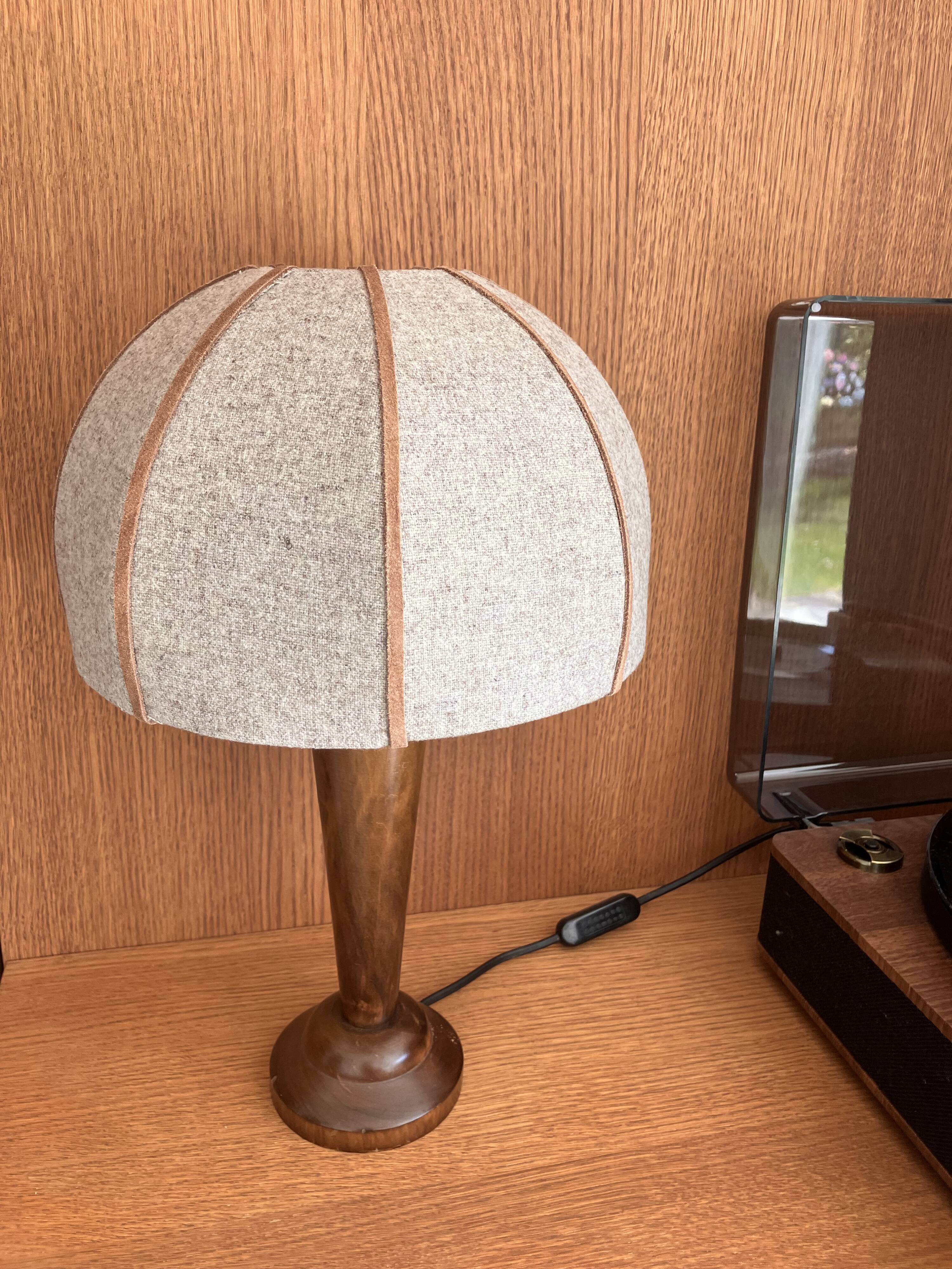 Wooden bedside lamp with a dome wool lampshade Mid Century