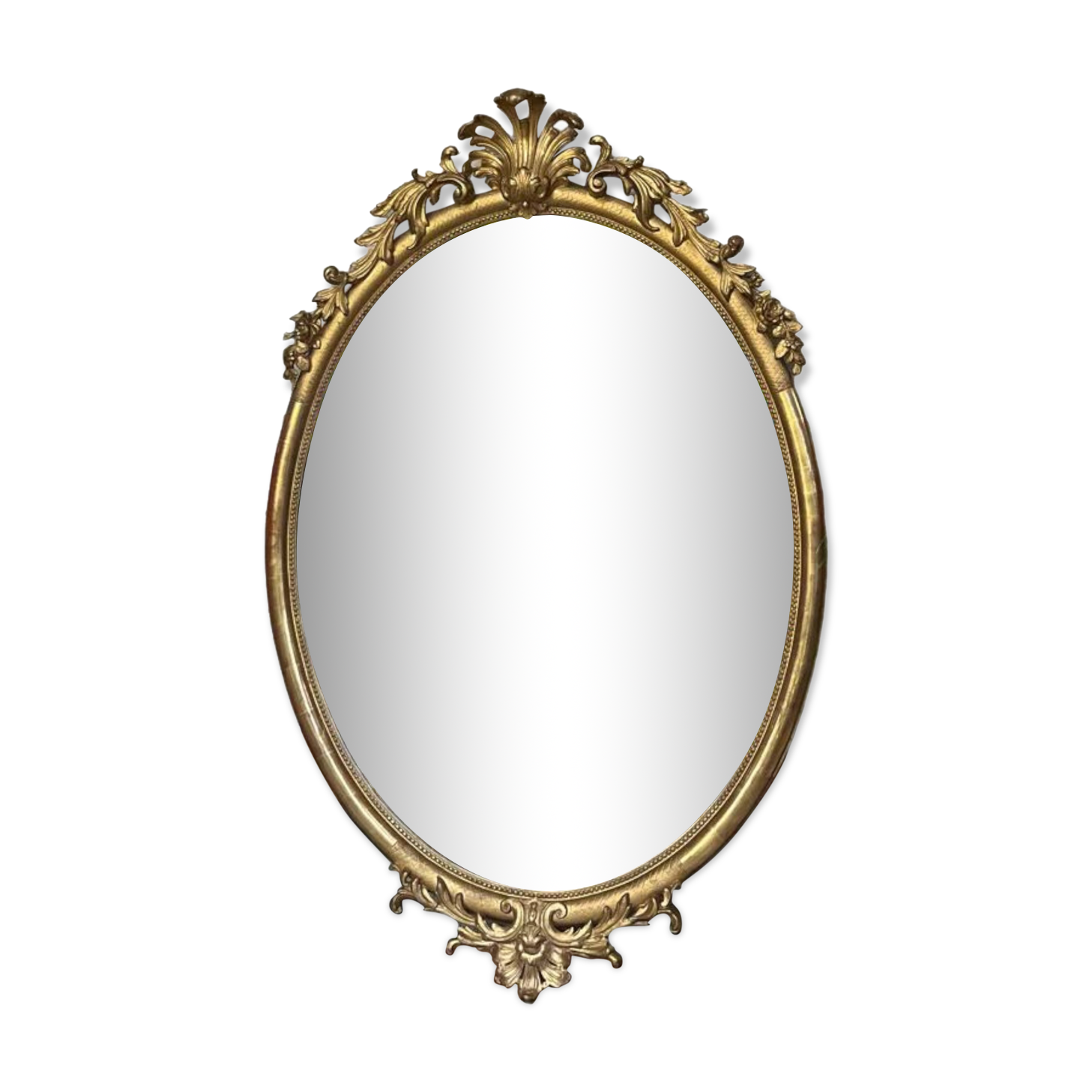 Oval mirror with pediment, beaded gilded with gold leaf