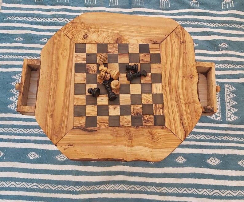 Chess table, with rustic chess board drawers in olive wood