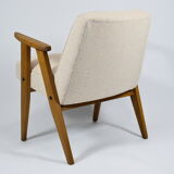 Original 366 armchair, designer J. Chierowski, 1960s icon, restored, cream fabric, teak wood