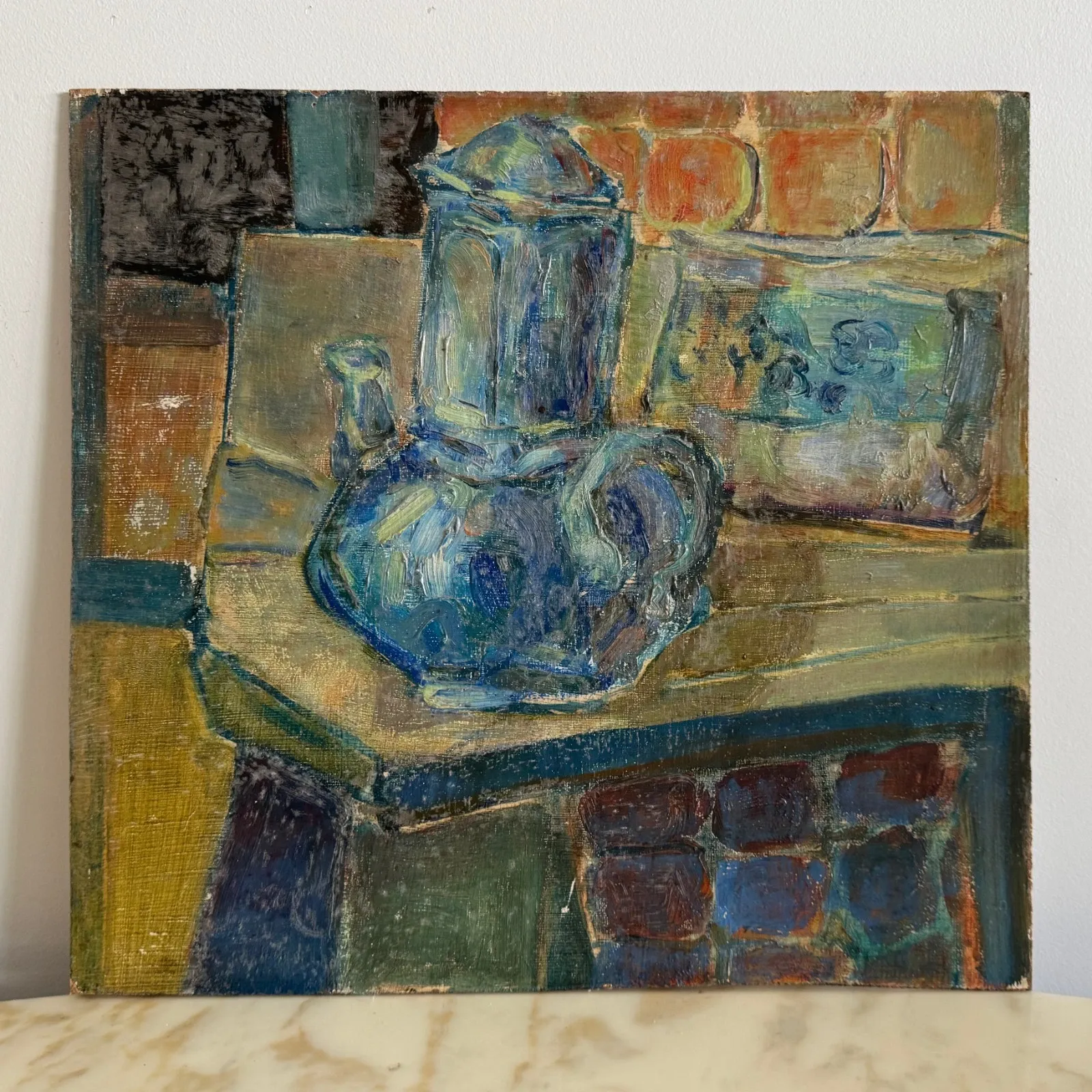 Oil on Isorel depicting a blue teapot, 20th century.