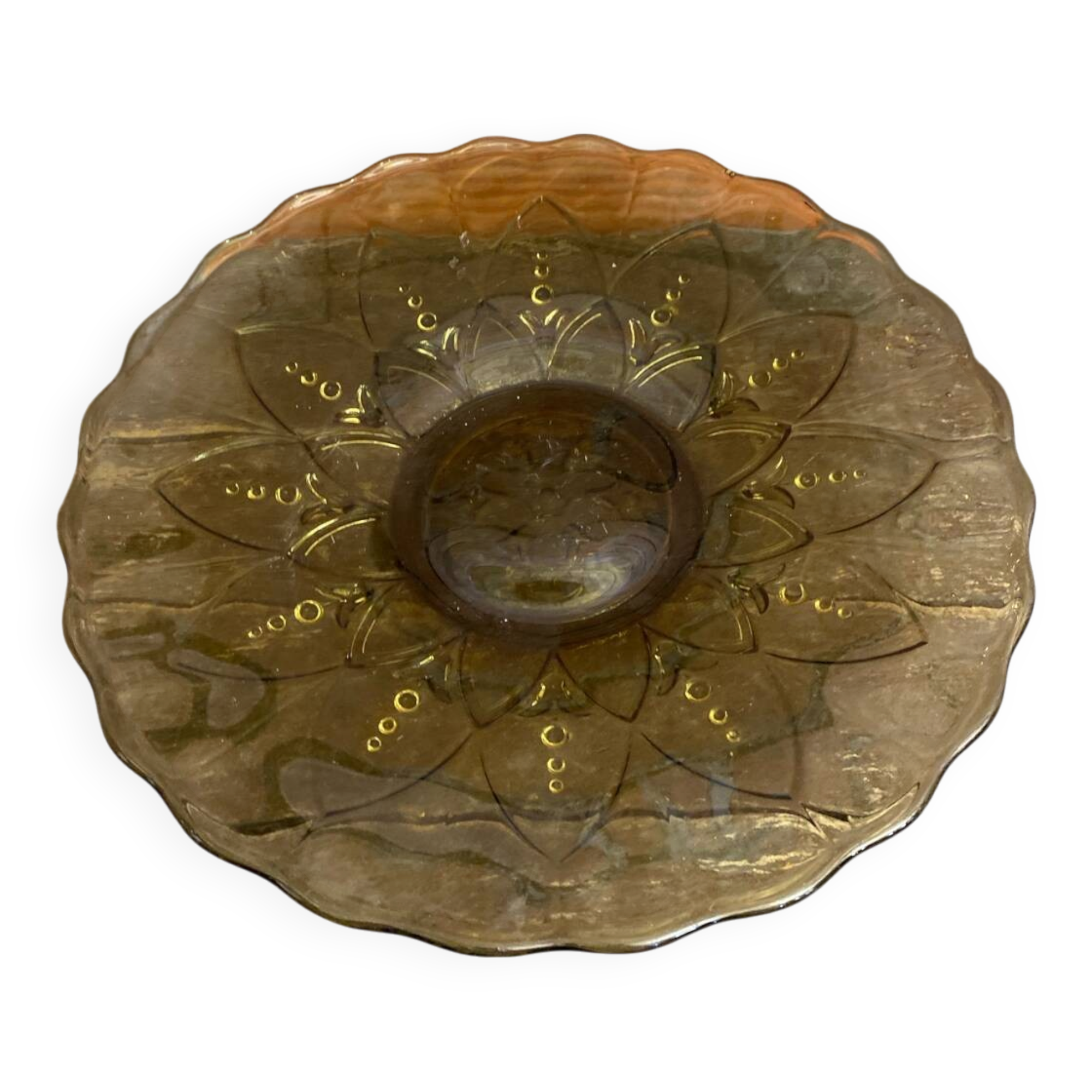 Coupe à fruits, plat ancien en verre moulé vert vintage