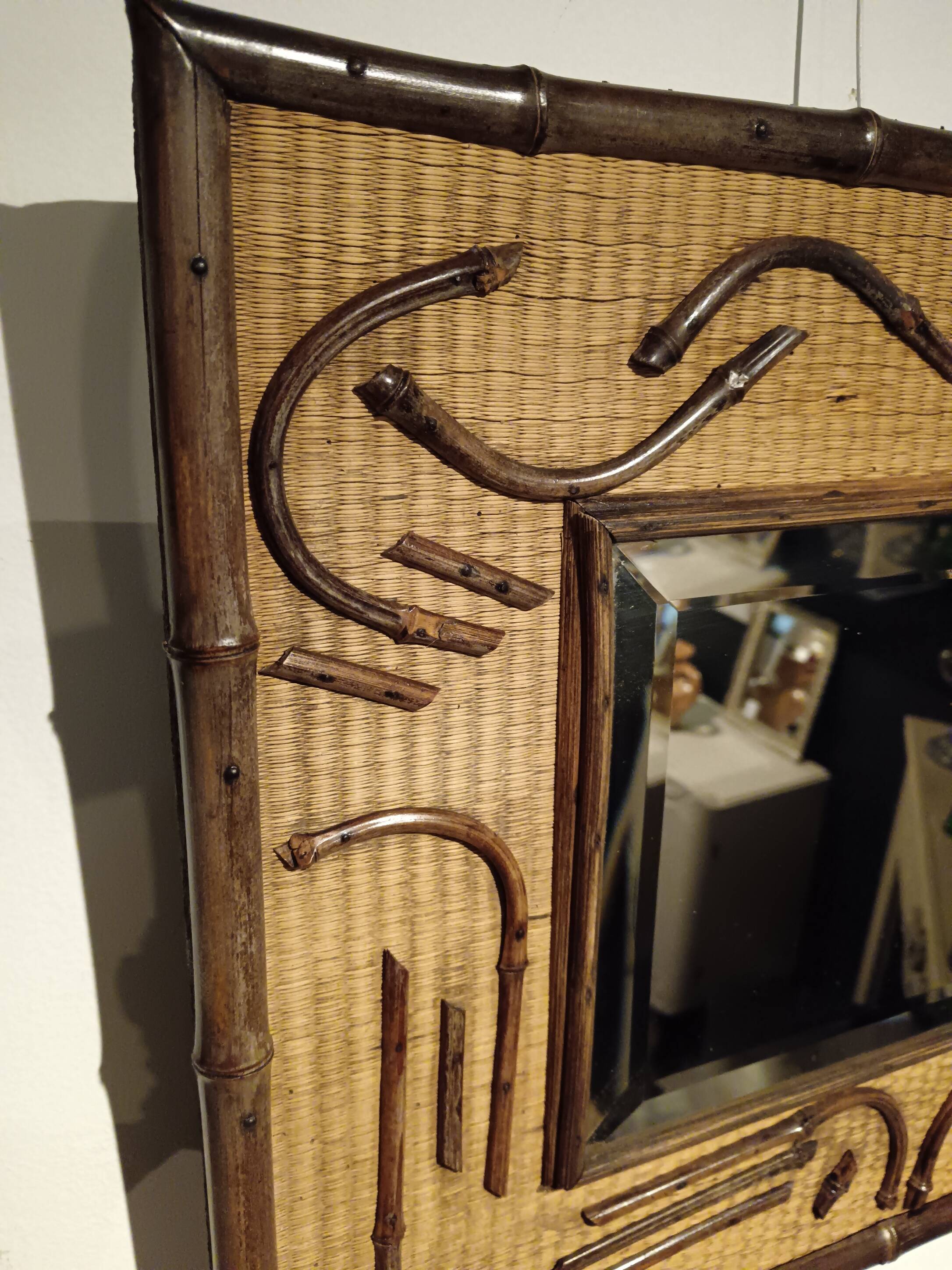 2-tone beveled square wood and rattan mirror