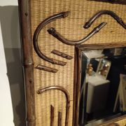 Miroir bois et rotin carré biseauté 2 tons