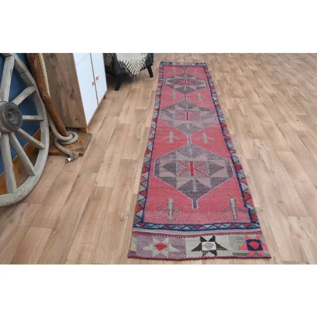 Pink Vintage Turkish Oushak Handmade Wool Tribal Runner Rug 85x378