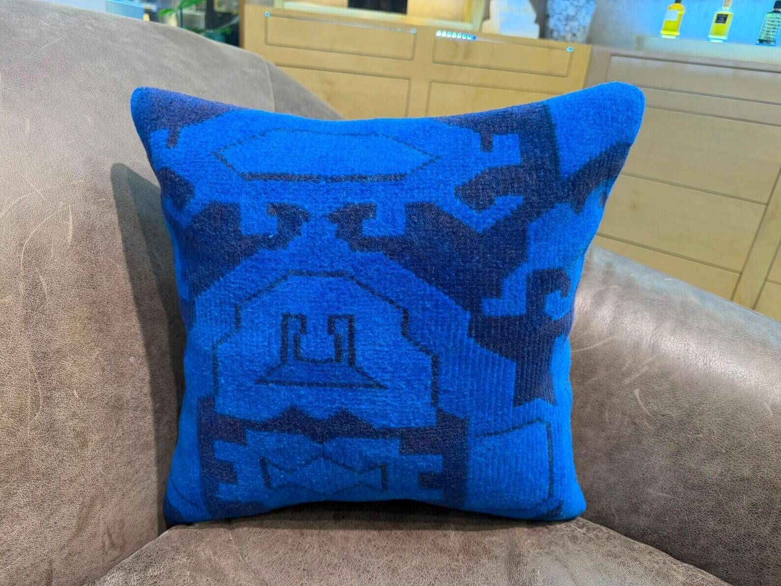 Vintage Turkish Rug Cushion, Handmade Electric Blue Geometric Wool Pillow