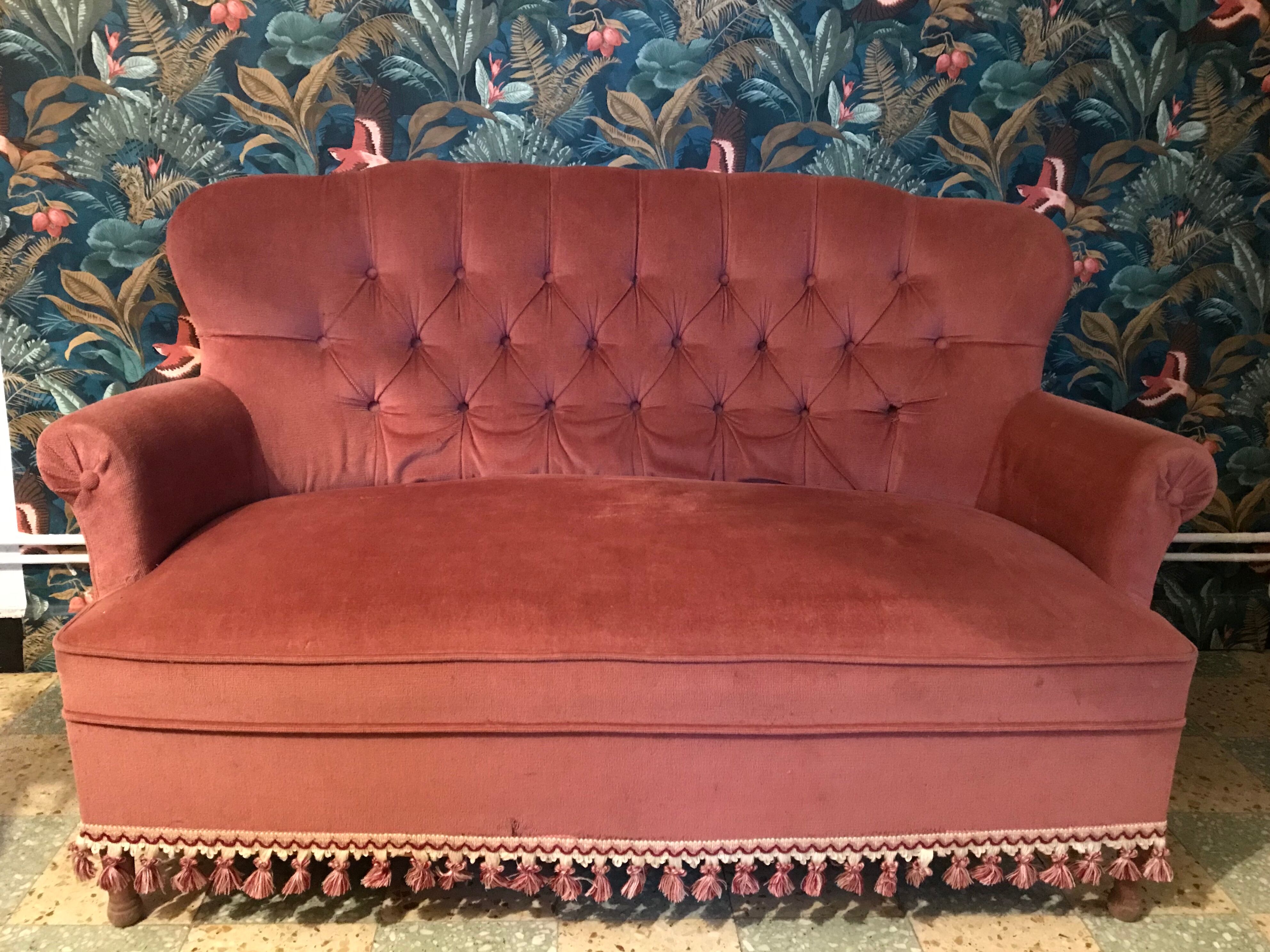 Sofa padded in old pink velvet