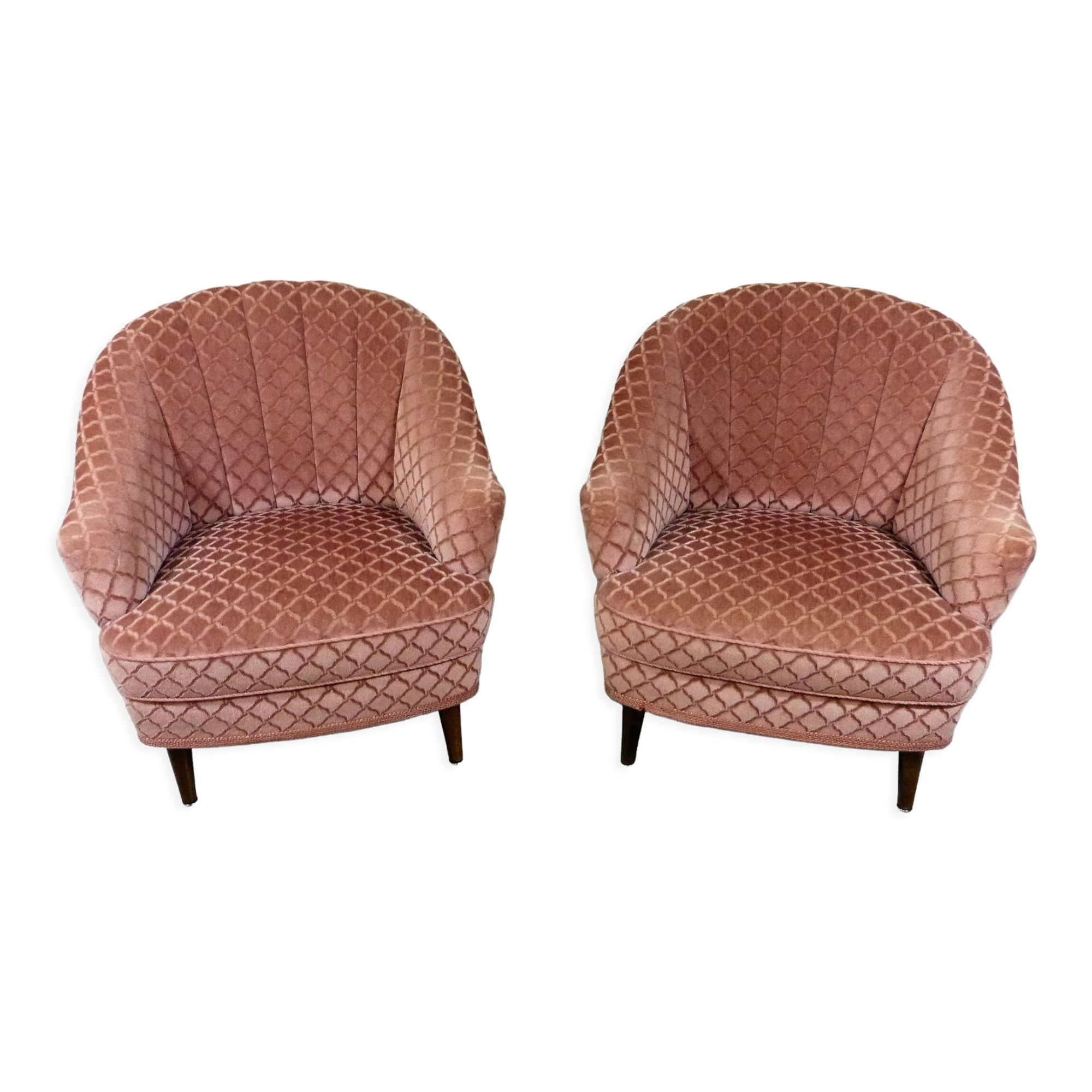 Ensemble de 2 fauteuils club en velours rose années 1950