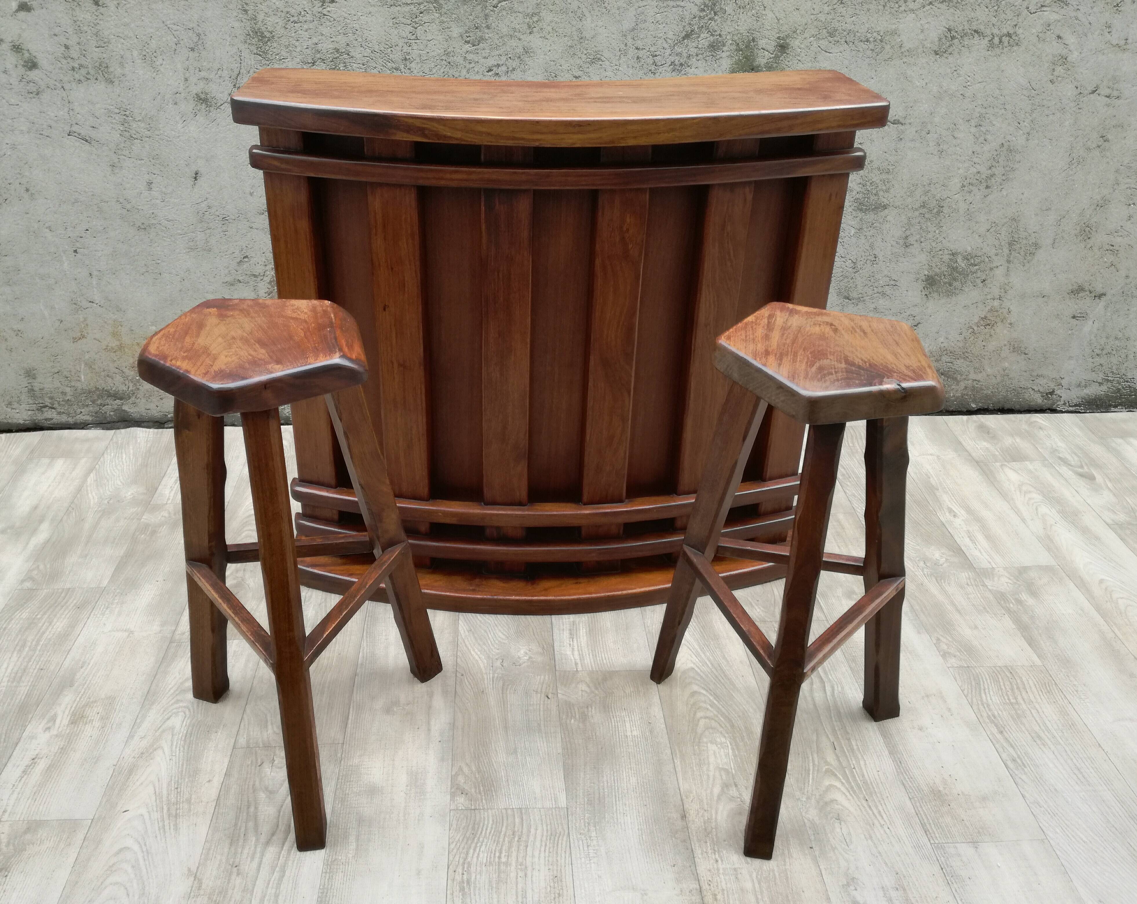 Bar and 2 brutalist stools in massive elm circa 1960