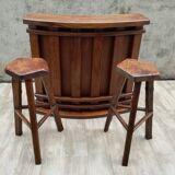 Bar and 2 brutalist stools in massive elm circa 1960