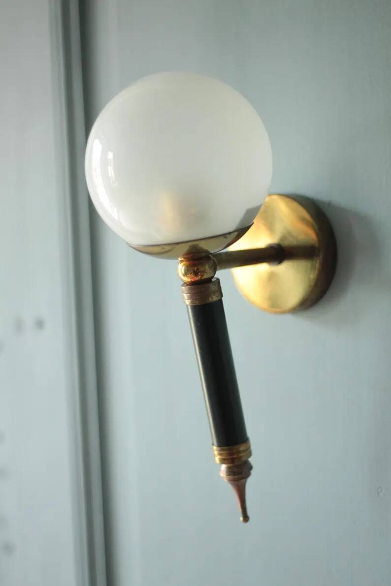 Pair of vintage wall sconces, brass sconce and opaque glass globe, vintage lamp, wall lamp, 50s.