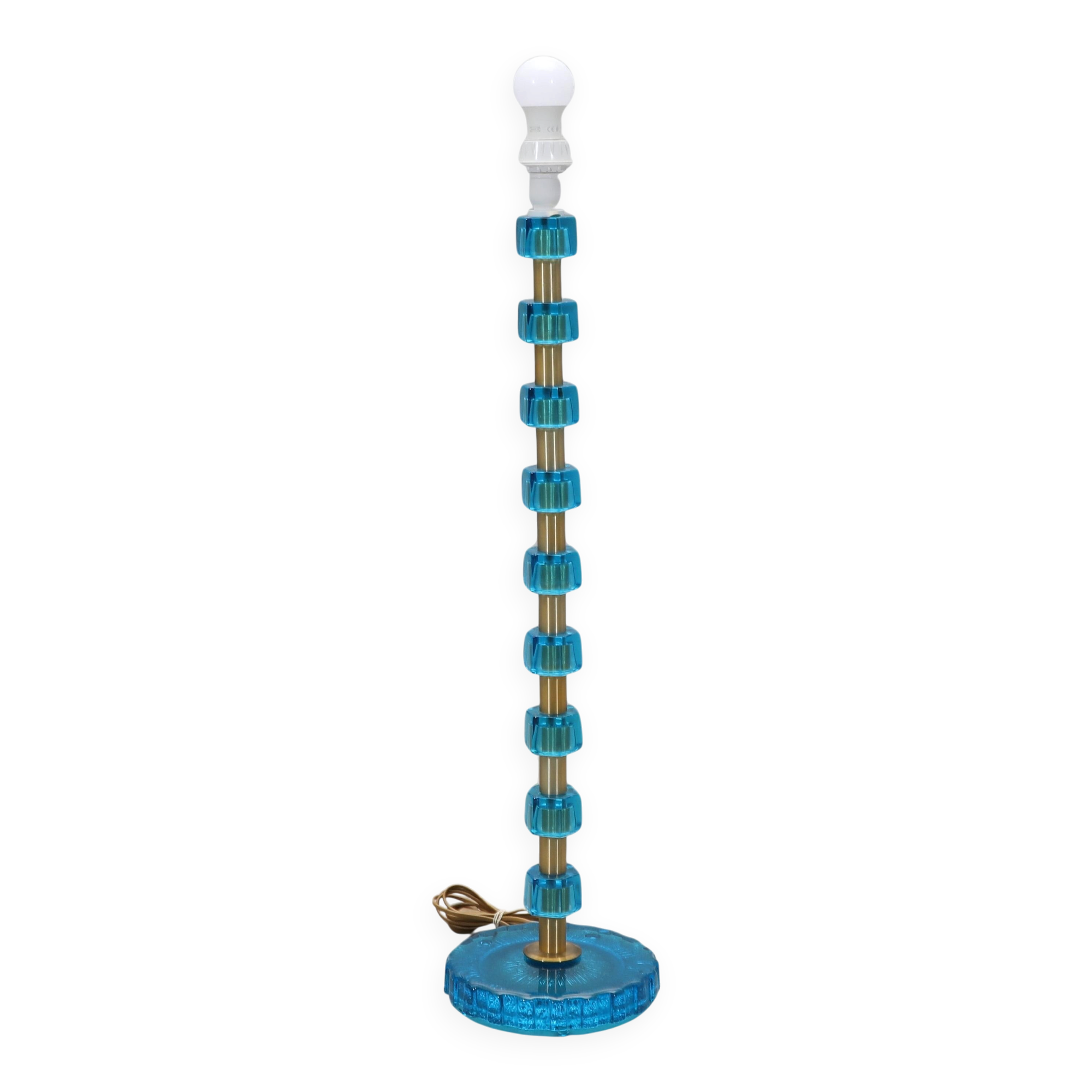 Nybro Armaturfabrik Lamp Blue Cast Glass and Brass Signed Sweden 1960