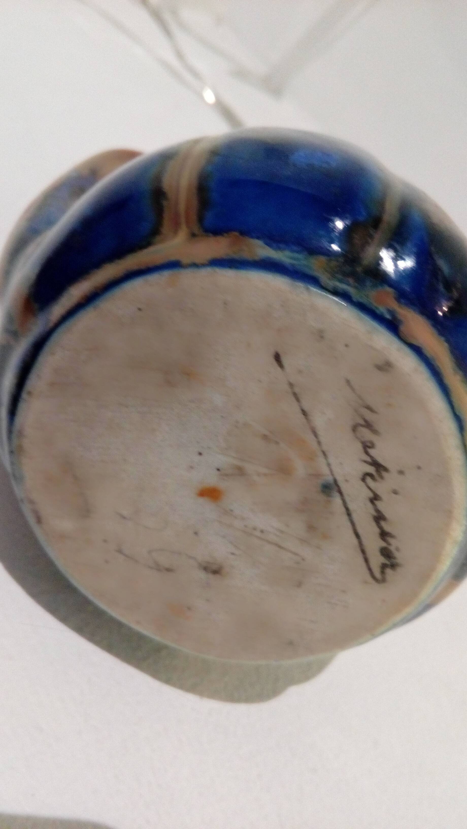 Blue enamelled flamed sandstone vase by Méténier
