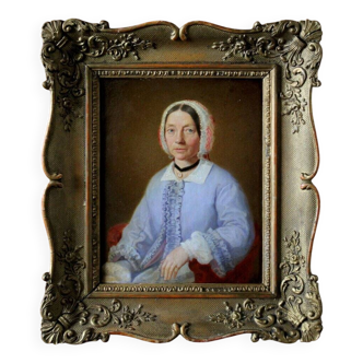 Peinture à l'huile vintage du XIXe siècle représentant un portrait de femme âgée