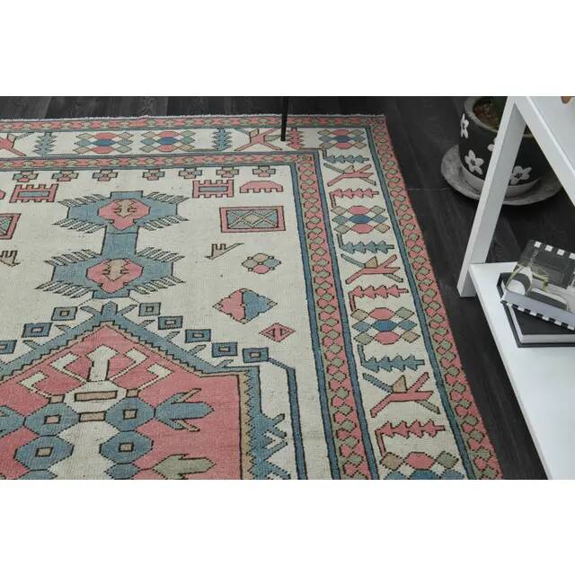 1970s Vintage Turkish Handmade Wool & Cotton Pink Area Rug 172x263