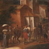 Grand tableau de paysage italien avec personnages du XVIIIe siècle